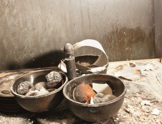 Roetschade tafel en fruit na brand